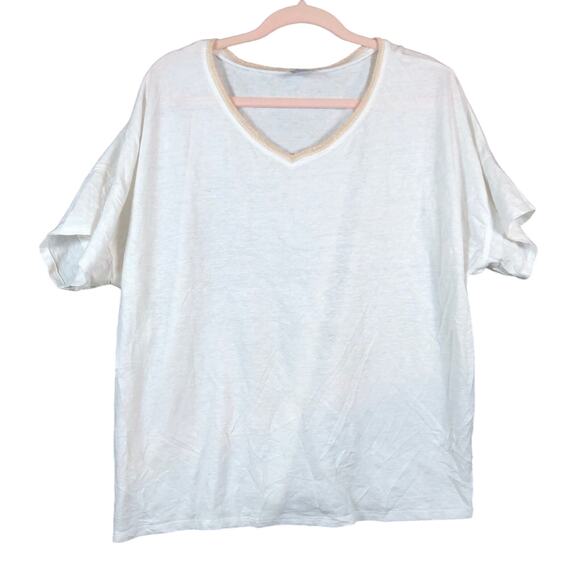 Chicos Womens Top White Gold Metallic V Neck Short Sleeve Linen Blend 3 (XL) - Picture 1 of 13